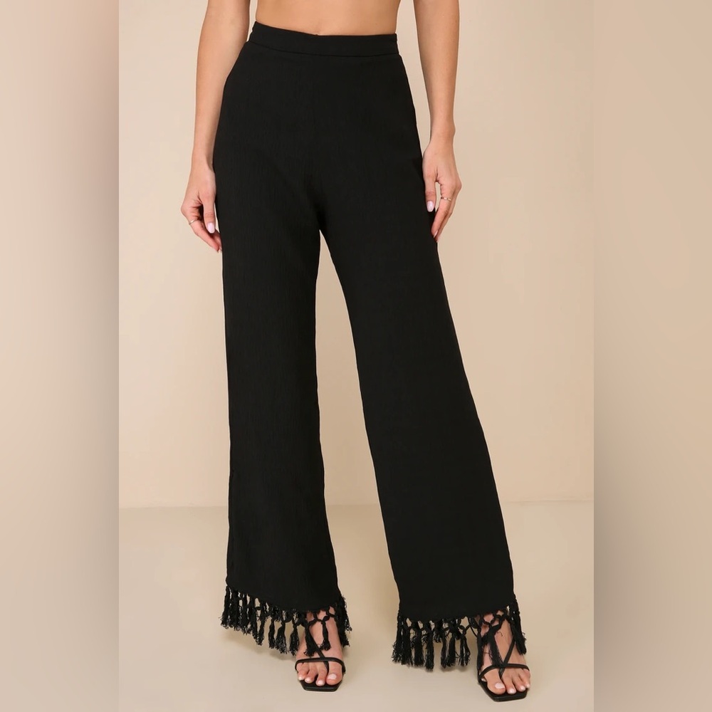 Summery Occasion Black Fringe High Rise Wide-Leg Pants